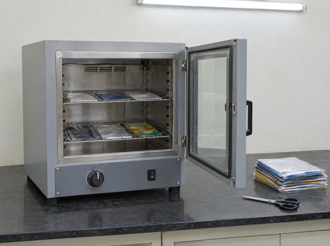 Hot air oven in the quality lab, laminate samples curing on the shelves